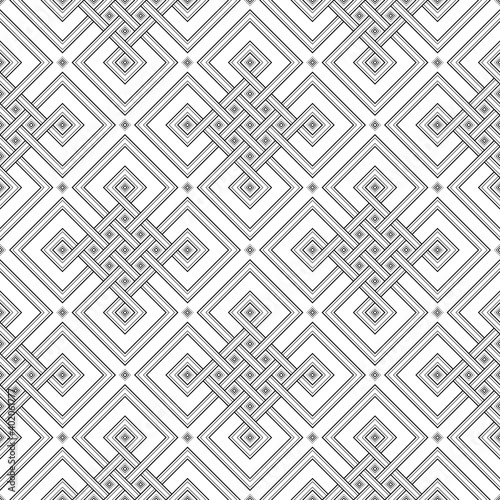 Geometric tibetan seamless pattern from endless knot. Oriental sacred geometry and asian folk style. Black and white template for textile, wrapping paper and other surfaces, vector.
