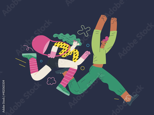 Discounts, sale, promotion - modern flat vector concept illustration of a woman and a man running in the pursuit of the discounts, with a big percent sign on the background