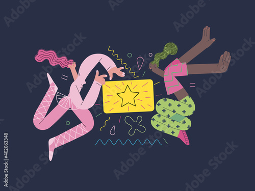 Discounts, sale, promotion voucher - modern flat vector concept illustration of people dancing with a gift or discount card