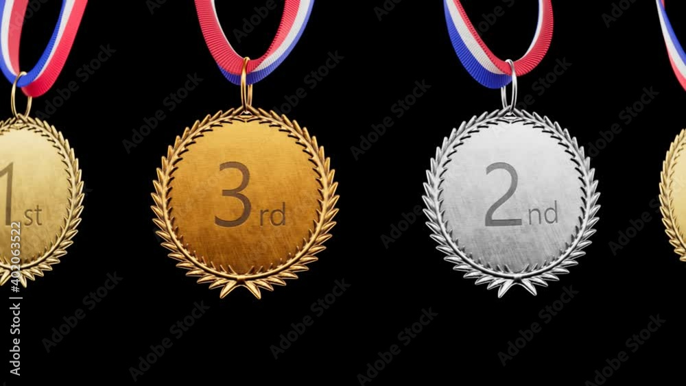 Endless animation of a line of silver, gold, bronze sports medals. Set of awards