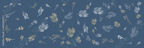 Beautiful gold blue romantic flower collection with roses, leaves, floral bouquets, flower compositions.