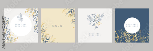 Set of floral universal artistic templates with blue gold pastel color. Good for greeting cards, invitations, flyers and other graphic design. Square floral greeting card