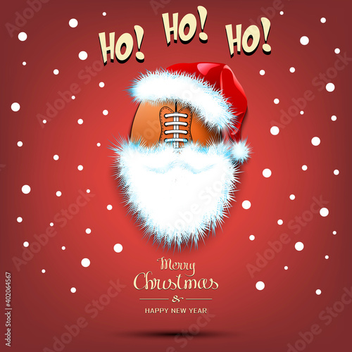 Merry Christmas and Happy New Year. Santa in the form of a football ball. Football ball with beard and santa hat. Greeting card design template with for new year. Vector illustration