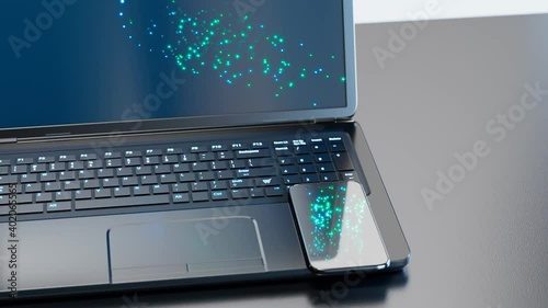 Wallpaper Mural Connecting a smartphone to a notebook. Sync data across devices. Synchronizing. Torontodigital.ca