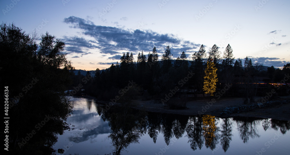 Coloma Christmas Tree Reflecting in the South Fork of the American River at Sunset