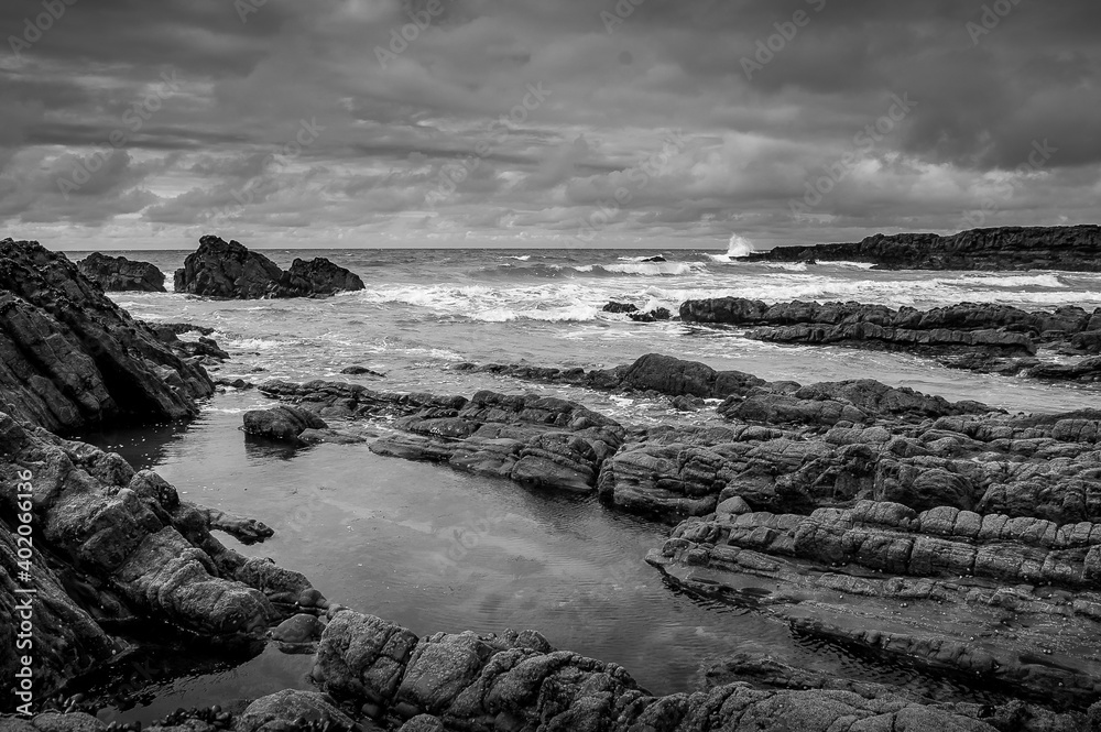 Black and White photo of the rocky shoreline at Bude in Cornwall