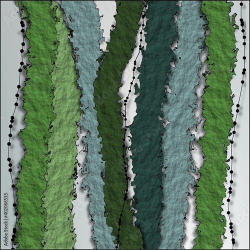 Abstract composition of torn  textured green strips  with dotted line embellishments  on a gray background