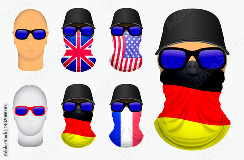 set of bandanna realistic or bandanna for biker and cowboy clothes or buff on realistic mannequin concept. eps 10 vector, easy to modify