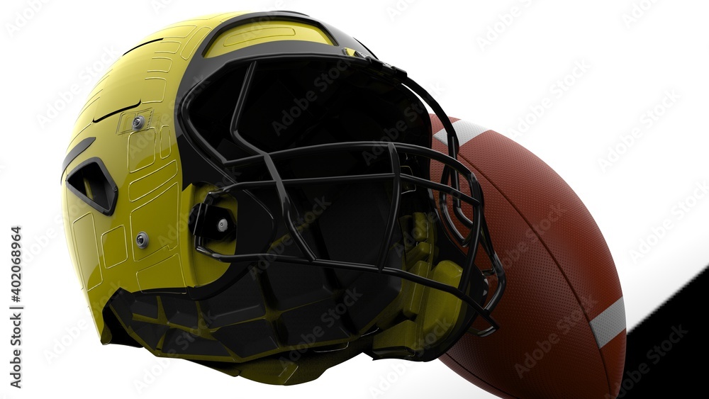 Naklejka premium American football helmet and ball. 3D illustration. 3D high quality rendering.