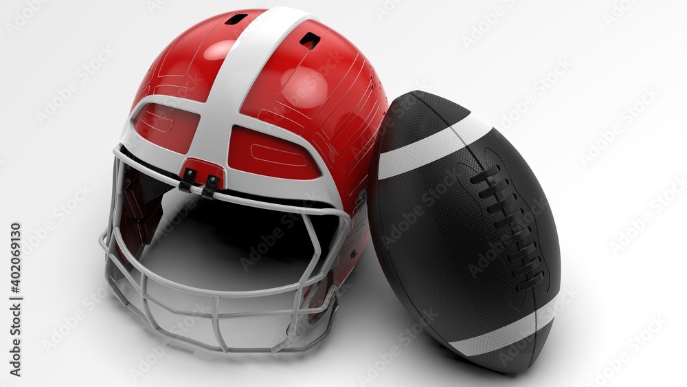 Naklejka premium American football helmet and ball. 3D illustration. 3D high quality rendering.