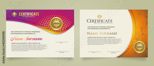set elegant and futuristic certificate template with lines circle pattern and wave checkered lines pattern ornament. Diploma. Vector illustration © emi