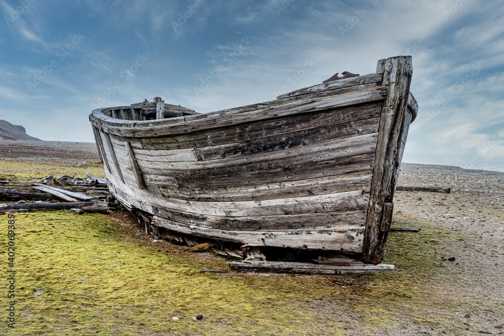 Wooden whaling whaling boat from the 17th century in Calypsobyen   Svalbard
