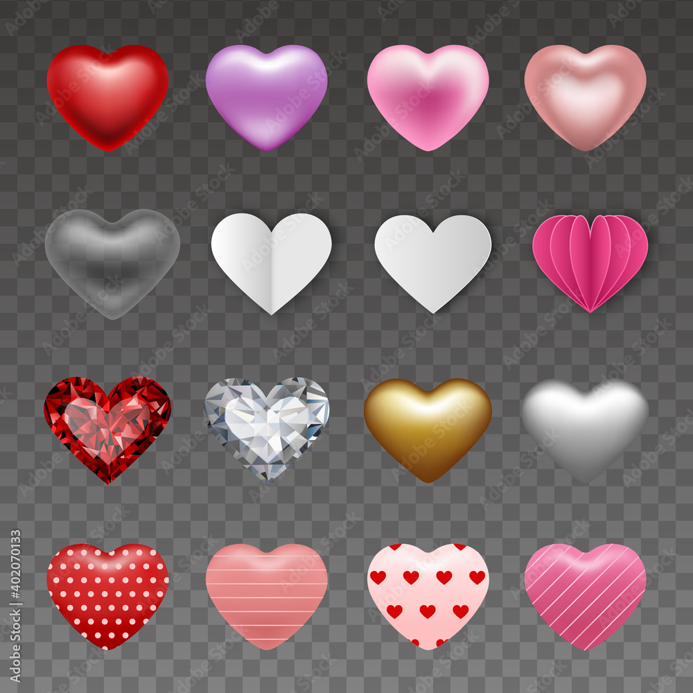 set of hearts in different styles for valentine's day decorations 