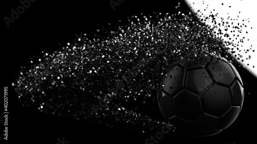 Soccer ball with Particles under Black Background. 3D sketch design and illustration. 3D CG. 3D high quality rendering. 