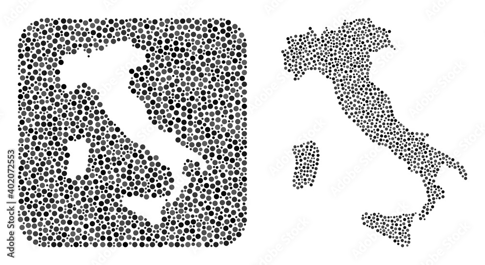 Map of Italy mosaic created with circle items and hole. Vector map of Italy collage of circle elements in different sizes and gray color tints. Created for abstract promotion.