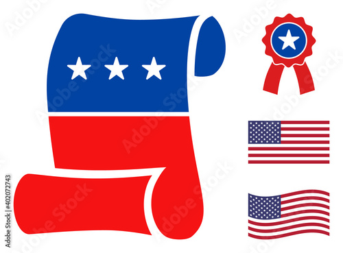 Constitution roll paper icon in blue and red colors with stars. Constitution roll paper illustration style uses American official colors of Democratic and Republican political parties,