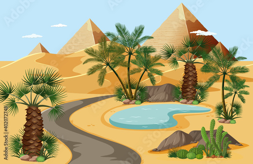 Desert oasis with palms and pyramid nature landscape scene