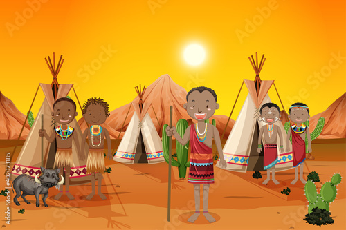 Ethnic people of African tribes in traditional clothing in nature background
