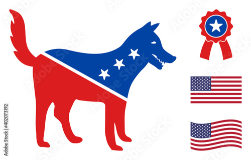 Dog icon in blue and red colors with stars. Dog illustration style uses American official colors of Democratic and Republican political parties, and star shapes. Simple dog vector sign,