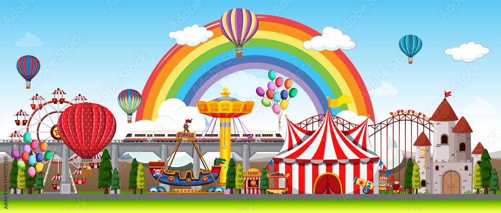 Amusement park scene at daytime with balloons and rainbow in the sky