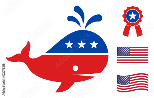 Whale icon in blue and red colors with stars. Whale illustration style uses American official colors of Democratic and Republican political parties, and star shapes. Simple whale vector sign,