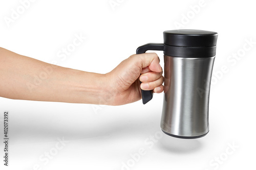 Hand holding themos cup isolated on white background