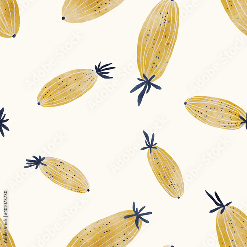 Seamless texture of yellow melon. Hand drawn sketch watercolour painting on simple background.