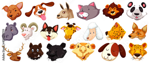 Set of different cartoon animal heads isolated