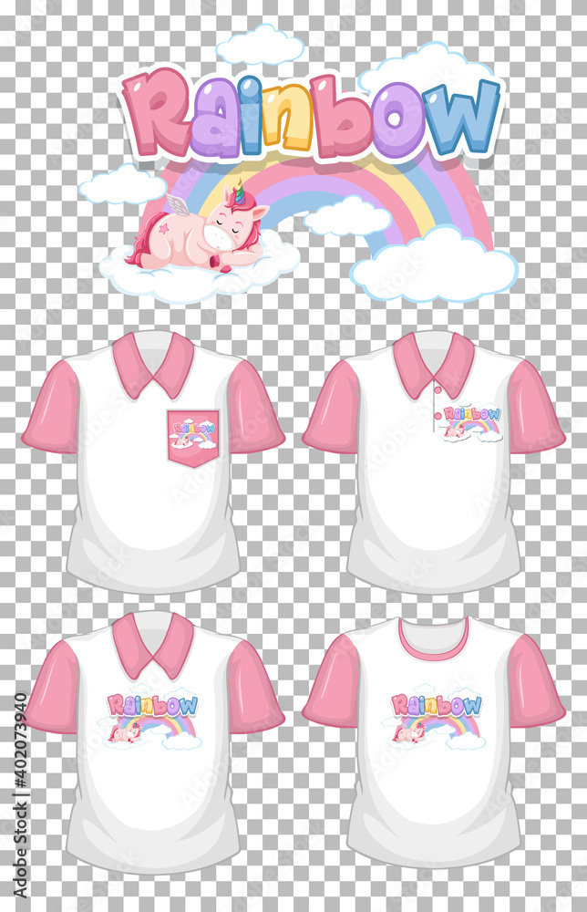 Unicorn with rainbow logo and set of white shirt with pink short sleeves isolated on transparent background