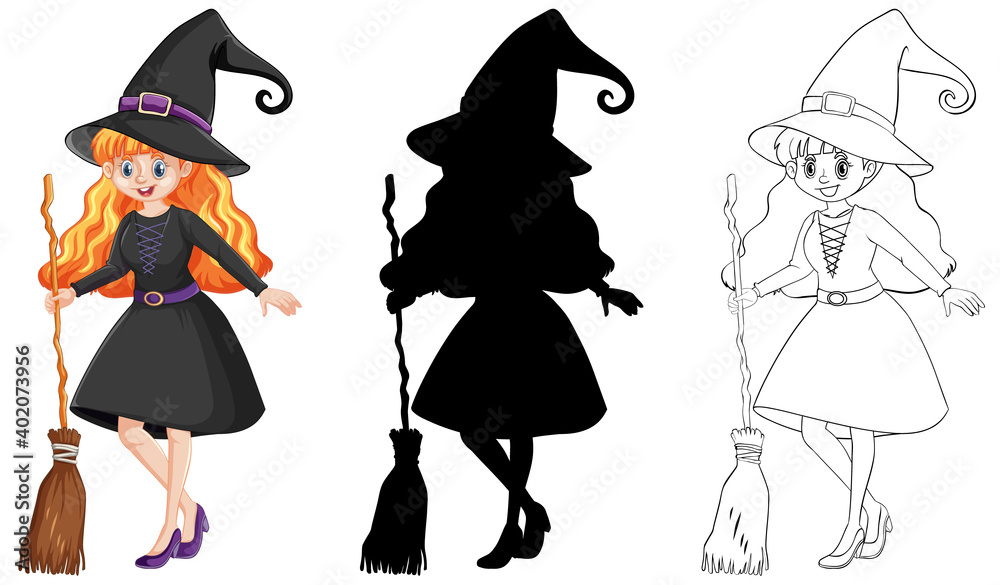 Witch with broomstick in color and outline and silhouette cartoon character isolated on white background Witch with broomstick in color and outline and silhouette cartoon character isolated on white background