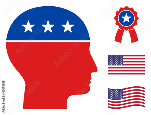 Man head icon in blue and red colors with stars. Man head illustration style uses American official colors of Democratic and Republican political parties, and star shapes. Simple man head vector sign,