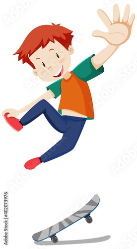 A boy playing skateboard with happy mood isolated