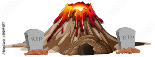 Volcano eruption with cave and tombstone on transparent background