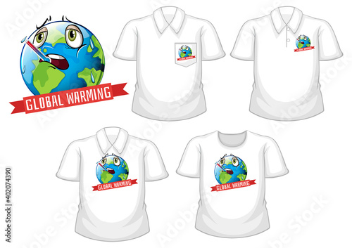 Global warming logo and set of different white shirts isolated on white background