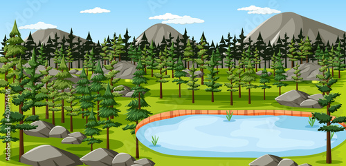 Nature park with lake landscape scene