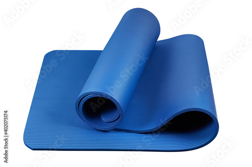 Blue yoga mat isolated on white background