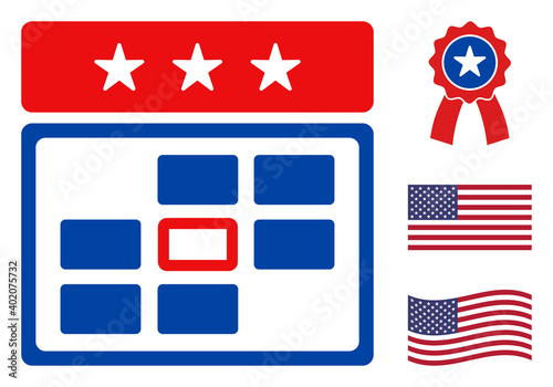 Calendar day icon in blue and red colors with stars. Calendar day illustration style uses American official colors of Democratic and Republican political parties, and star shapes.