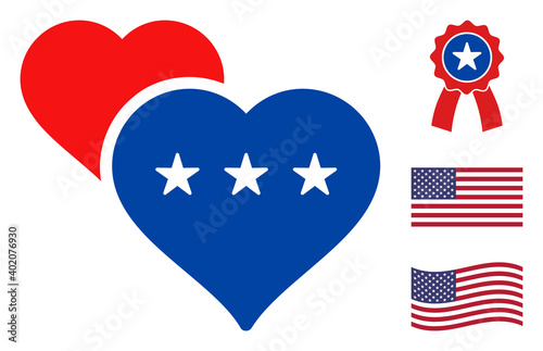 Lover hearts icon in blue and red colors with stars. Lover hearts illustration style uses American official colors of Democratic and Republican political parties, and star shapes.