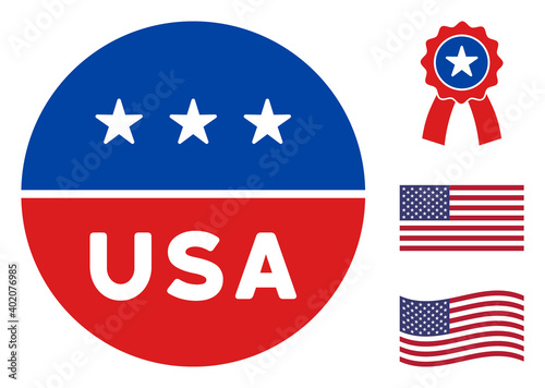 USA circle logo icon in blue and red colors with stars. USA circle logo illustration style uses American official colors of Democratic and Republican political parties, and star shapes.