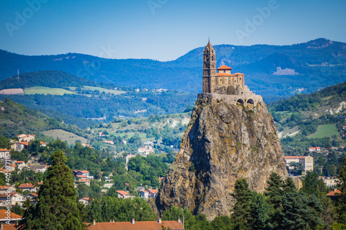 View of the Saint Michel d'Aiguilhe rock taken from the St Joseph Sanctuary in Espaly (Auvergne, France)