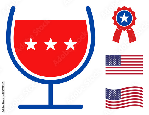 Wine cup icon in blue and red colors with stars. Wine cup illustration style uses American official colors of Democratic and Republican political parties, and star shapes. Simple wine cup vector sign,