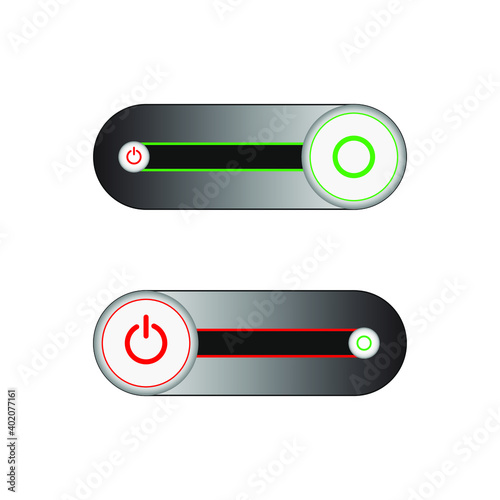 On Off Push style power buttons, The Off buttons are enclosed in red, The On buttons are enclosed in green with white background.