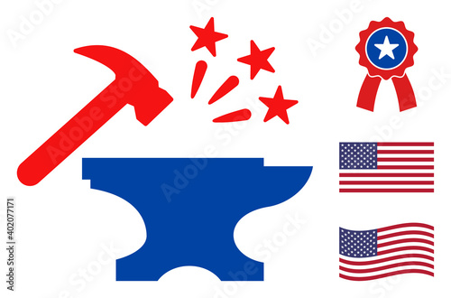 Forge icon in blue and red colors with stars. Forge illustration style uses American official colors of Democratic and Republican political parties, and star shapes. Simple forge vector sign, photo