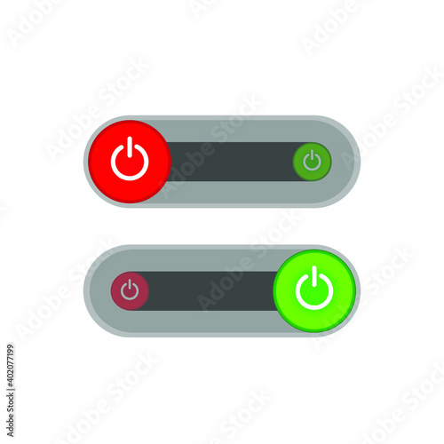 On Off Push style power buttons, The Off buttons are enclosed in red, The On buttons are enclosed in green with white background.
