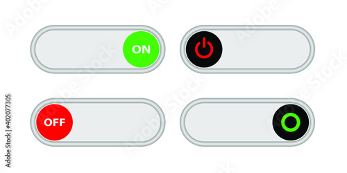 On Off Push style power buttons, The Off buttons are enclosed in red, The On buttons are enclosed in green with white background.