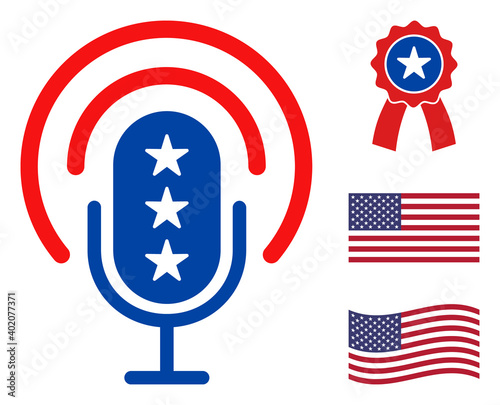 Podcast microphone icon in blue and red colors with stars. Podcast microphone illustration style uses American official colors of Democratic and Republican political parties, and star shapes.