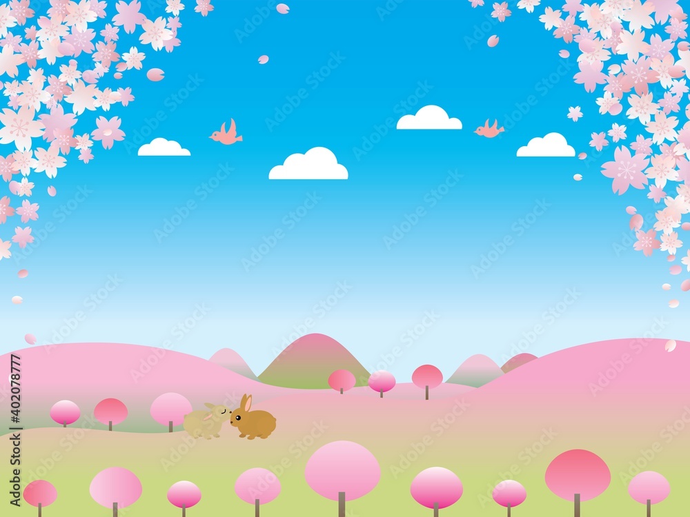 桜が満開に咲いた春の里山の風景のイラスト