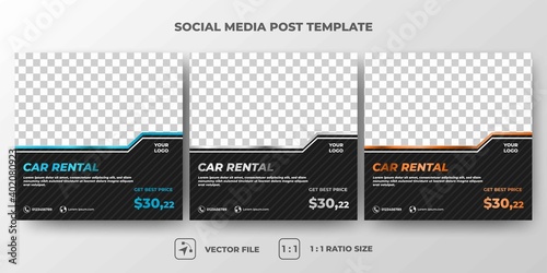 Set of Editable square banner template. Car rental banner with silver, orange, and blue frame color. Flat design vector with a photo collage. Usable for social media, banners, and web internet ads.