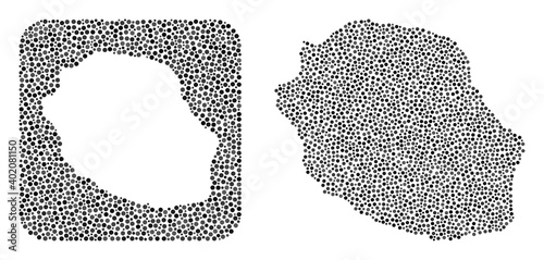 Map of Reunion Island collage composed with circle dots and subtracted space. Vector map of Reunion Island collage of spheric blots in different sizes and silver color hues.