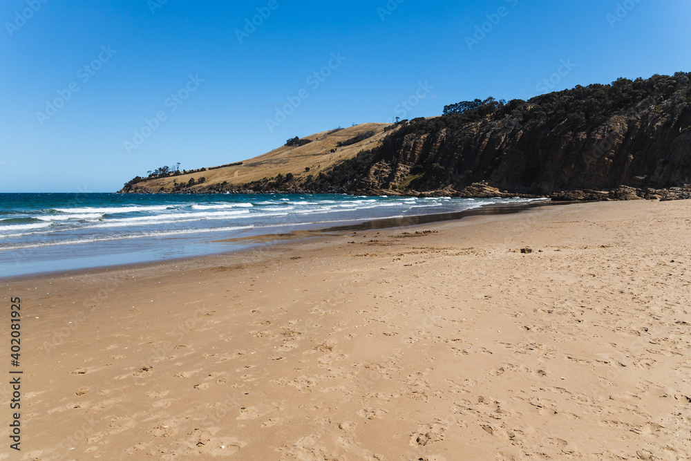pristine wild landscape at Clifton Beach in Tasmania, Australia with wavy blue ocean and golden sand next to a rugged coastline pristine wild landscape at Clifton Beach in Tasmania, Australia with wavy blue ocean and golden sand next to a rugged coastline